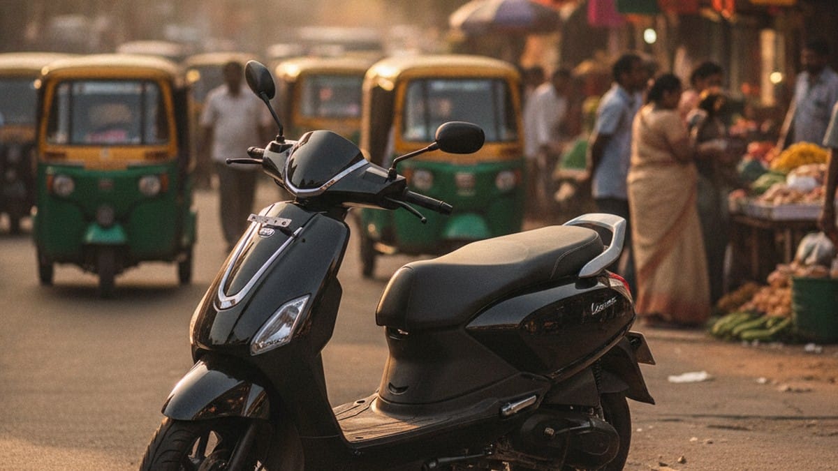 Modern electric scooter on a busy Indian city street at golden hour