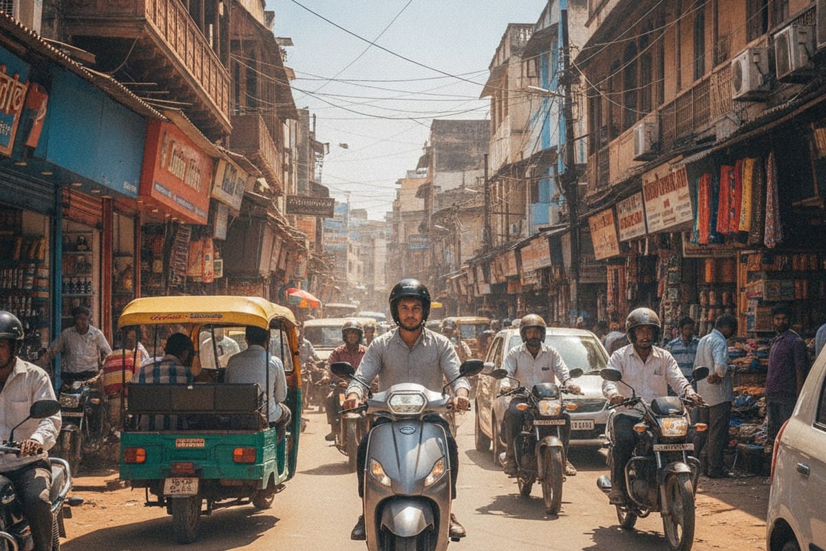 Elektree electric scooter parked on a busy Indian street with auto-rickshaws and buildings in the background
