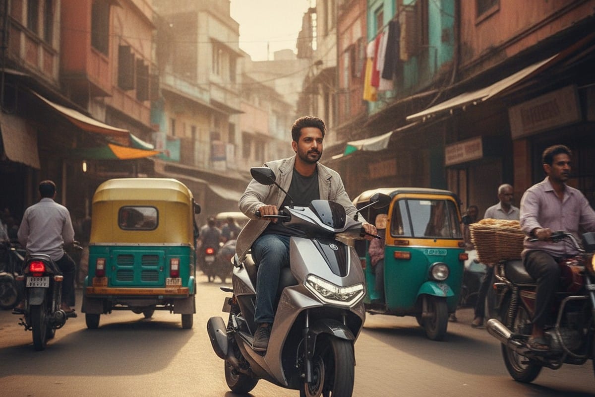 Electric scooter being ridden through a busy Indian city street