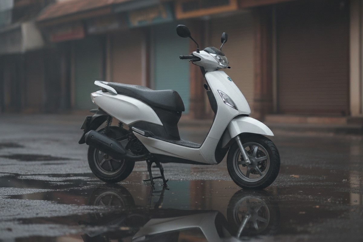 Modern electric scooter on a wet Indian street during monsoon season