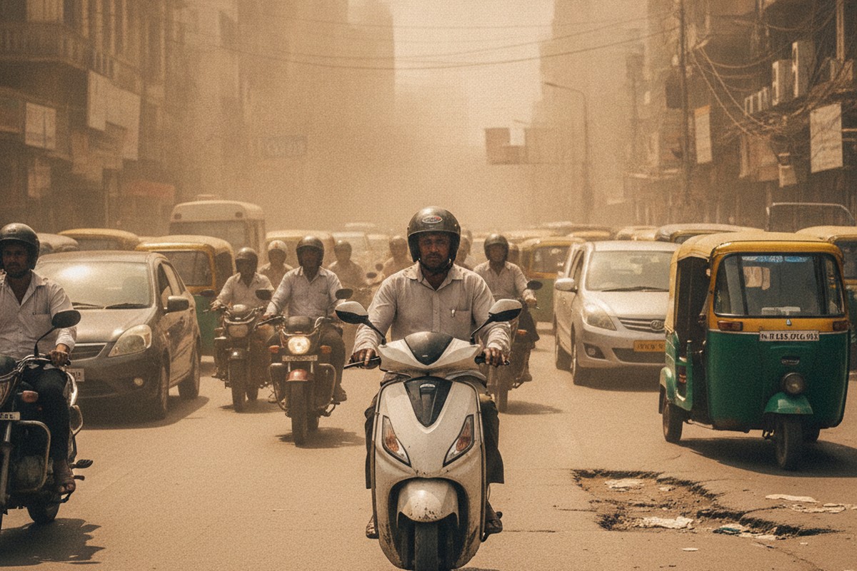 Indian commuter riding electric scooter in heavy city traffic illustrating real-world range conditions