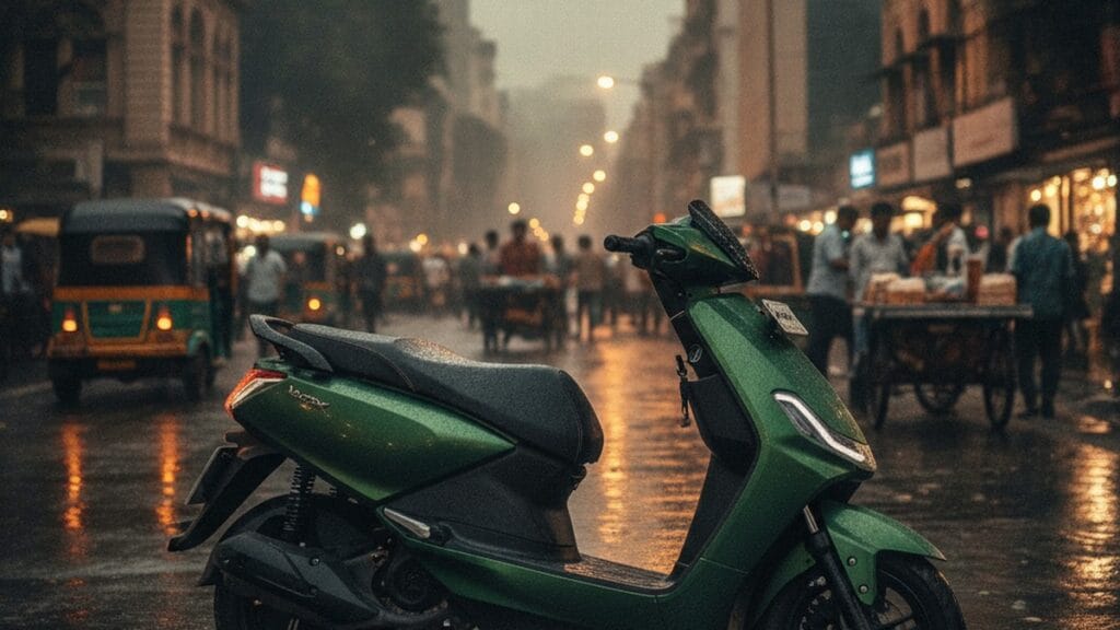 Modern electric scooter parked on a wet Indian city road at dusk with commuters in background