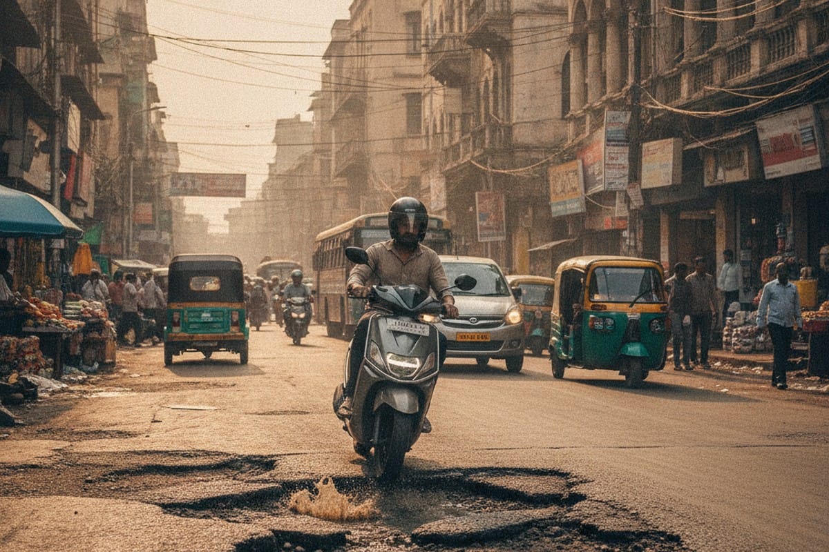 Electric scooter navigating busy Indian city road