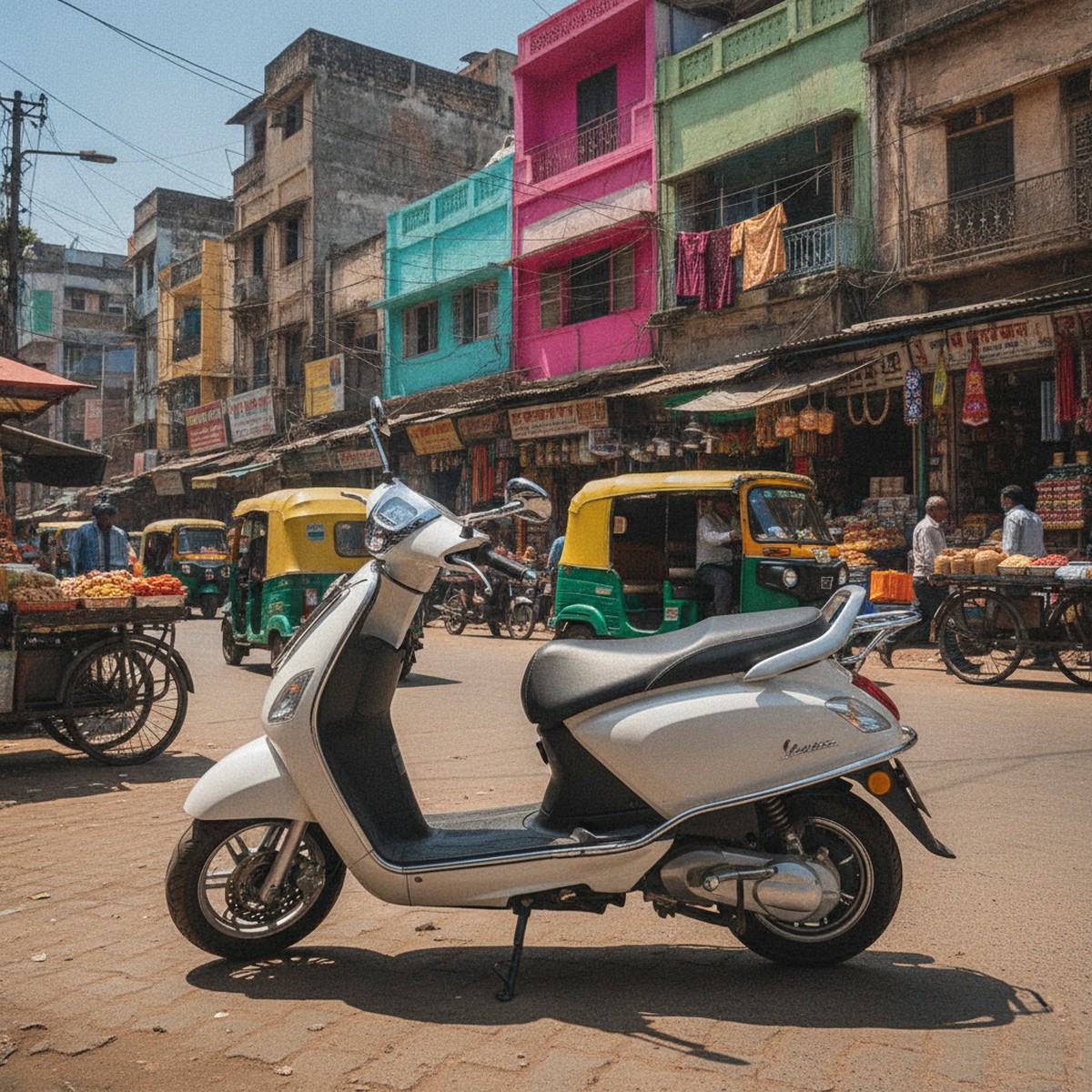 Elektree electric scooter parked on an Indian street with city traffic in the background