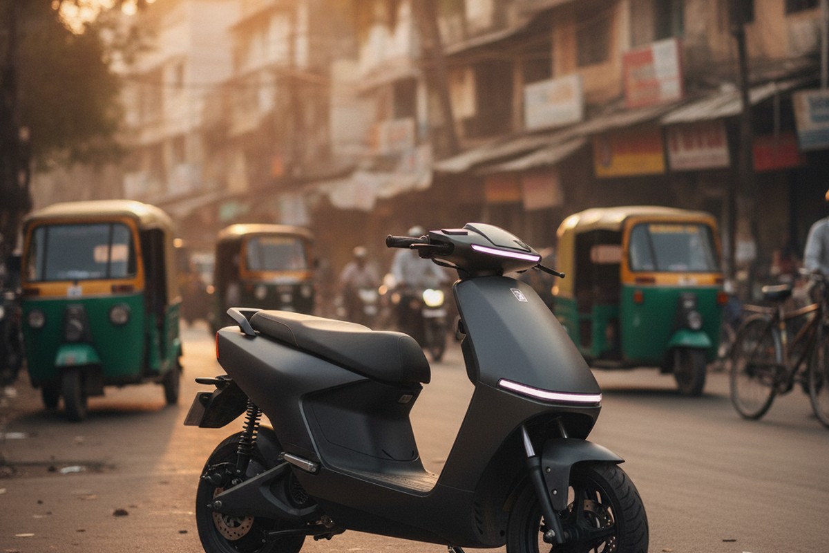 Modern electric scooter parked on an Indian city street at golden hour