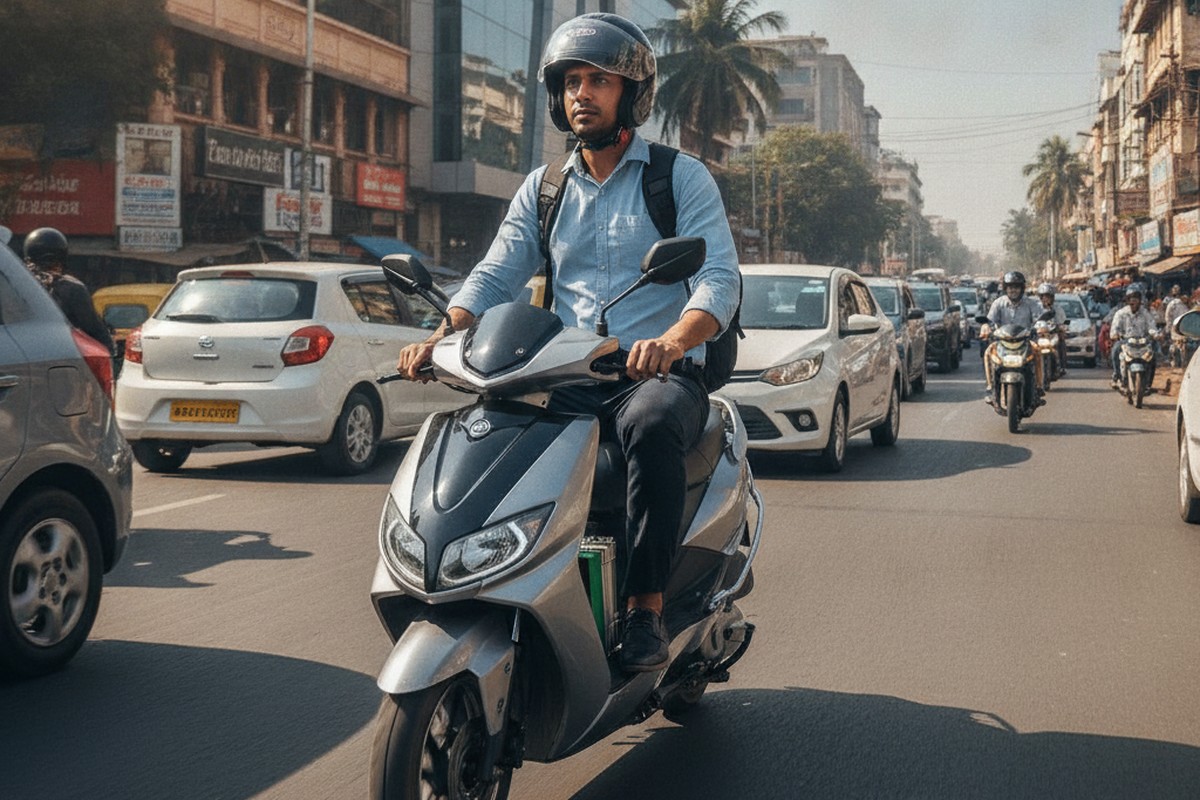 Electric scooter navigating busy Indian city traffic on a morning commute, photorealistic