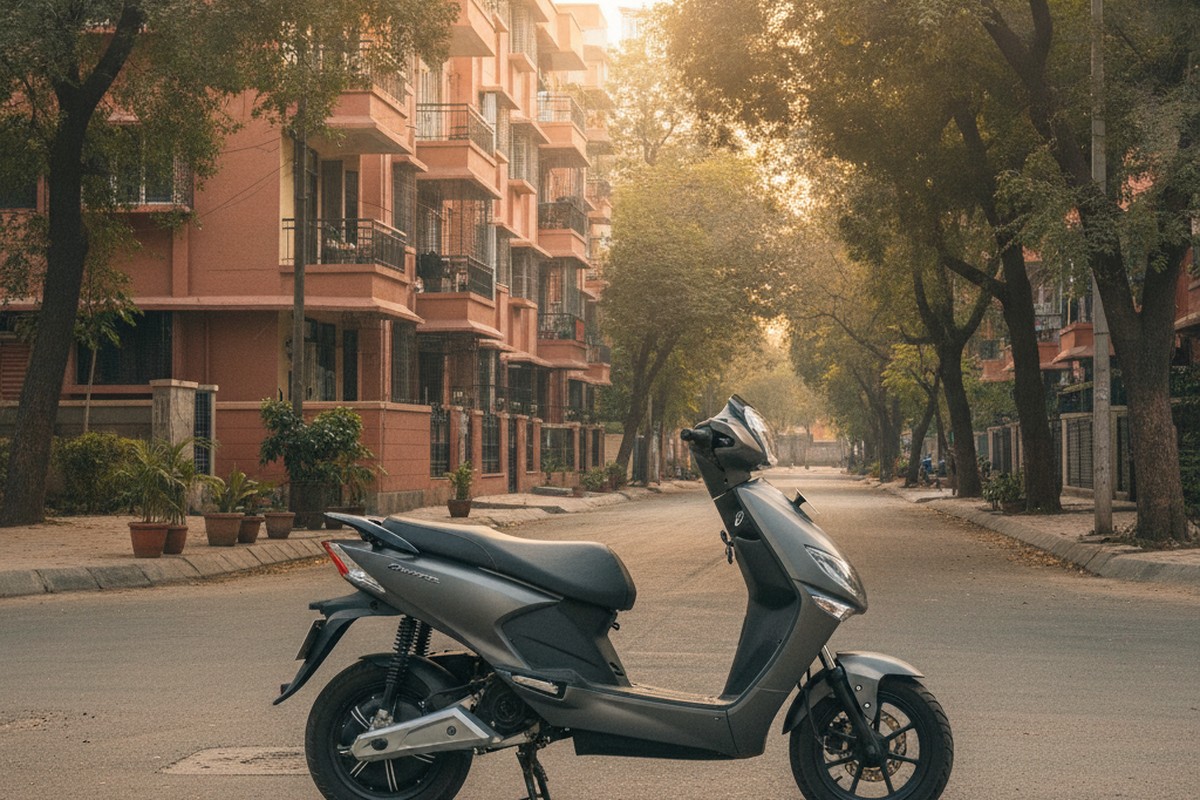 Electric scooter parked in an Indian residential colony street