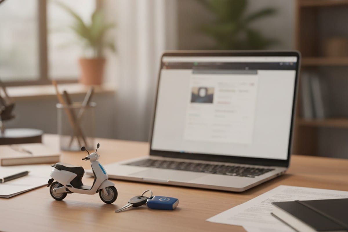 A desk scene with an electric scooter insurance quote open on a laptop next to scooter keys