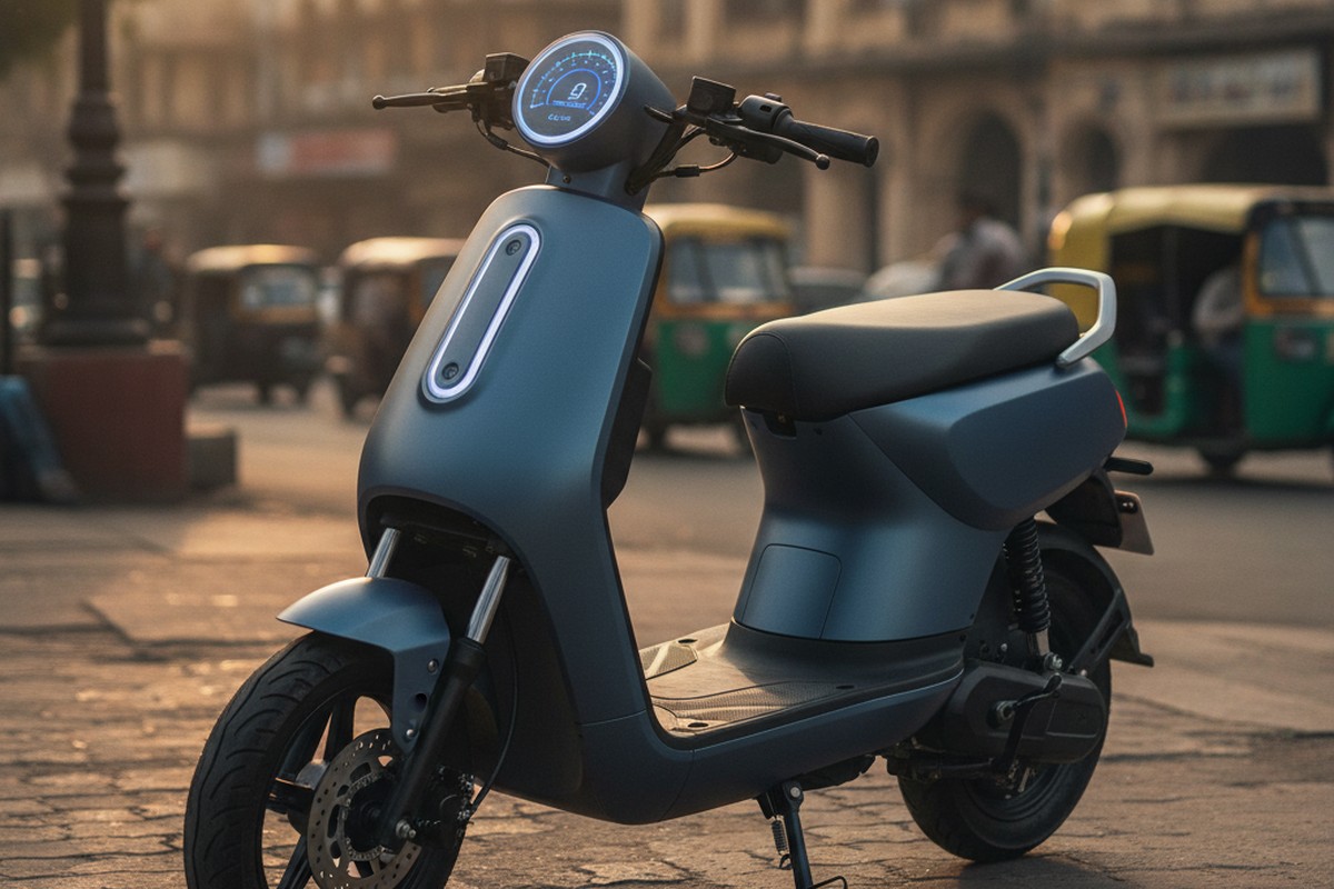 Lightweight modern electric scooter with disc brake and flat floorboard design for Indian city commuting