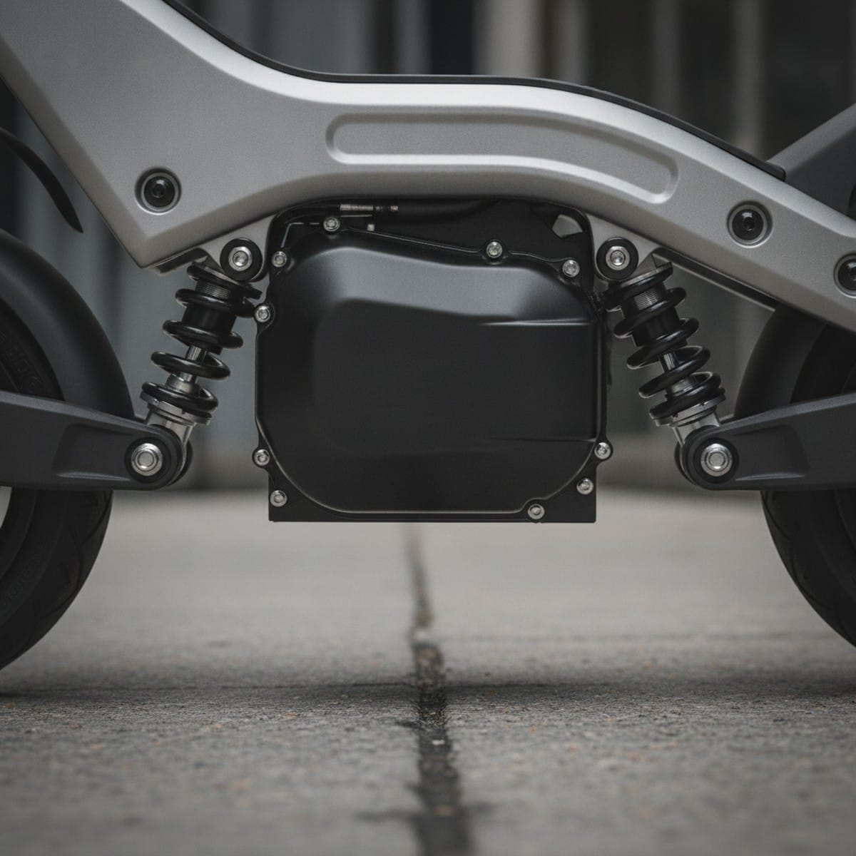 Close-up of electric scooter mid-drive IPM motor and chassis ground clearance detail