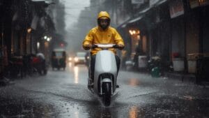 Electric scooter being ridden on a waterlogged Indian city street during heavy monsoon rain