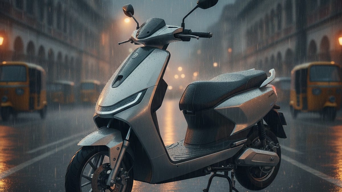 Electric scooter parked on a rain-soaked Indian city street during monsoon season