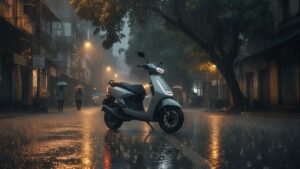 Modern electric scooter on a rain-soaked Indian city street during monsoon season