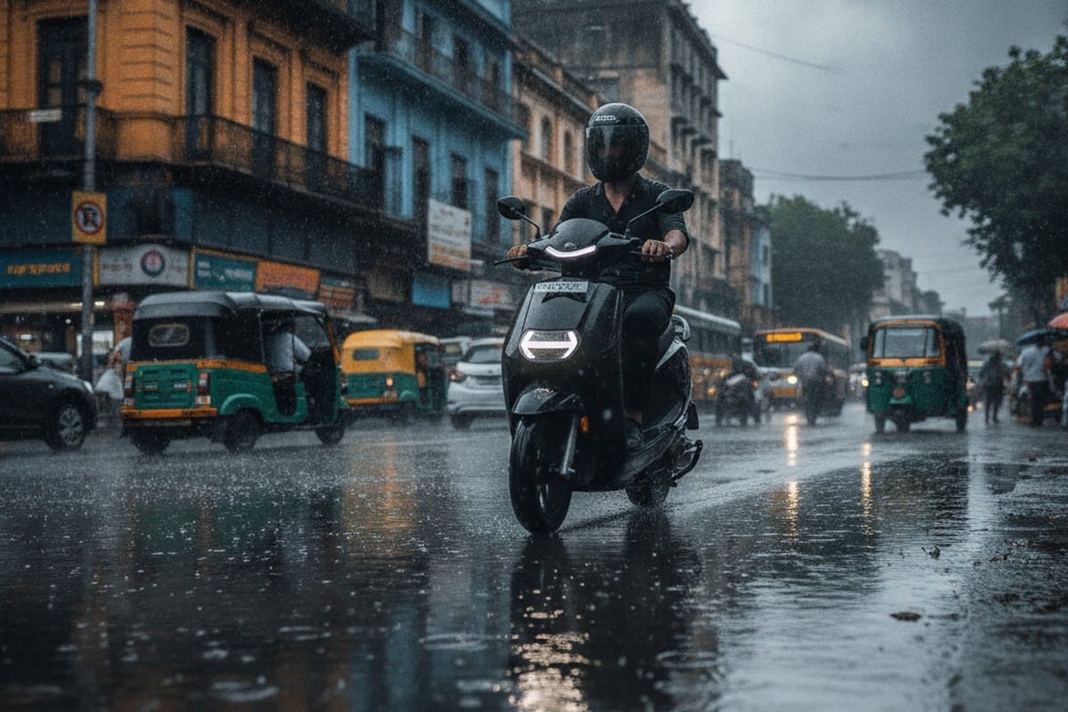 Electric scooter riding confidently on a wet monsoon-season Indian city street