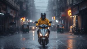 Electric scooter ridden through monsoon rain on a wet Indian city street