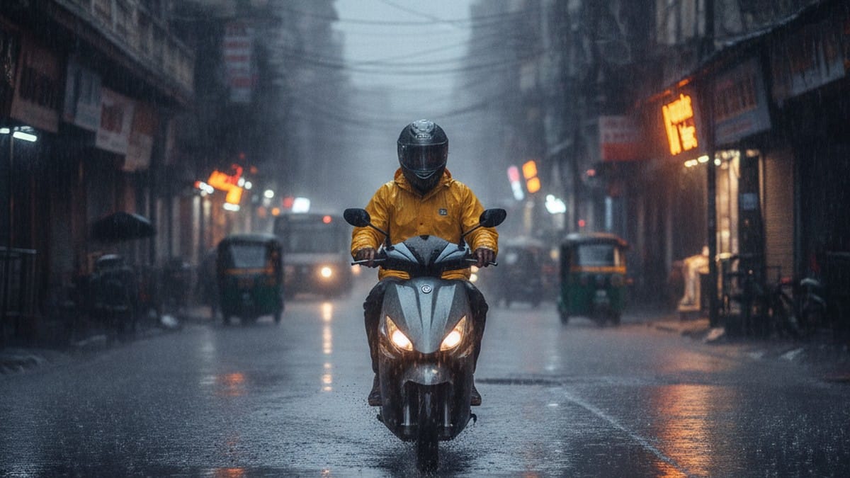 Electric scooter ridden through monsoon rain on a wet Indian city street