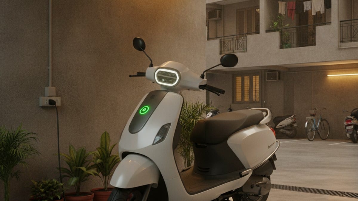 Electric scooter charging at Indian apartment parking — monthly ownership cost guide 2026