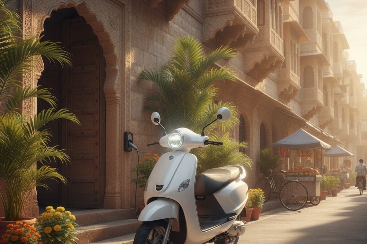 Elektree RV 80 Sportz electric scooter parked at a modern Indian home, ready for overnight home charging