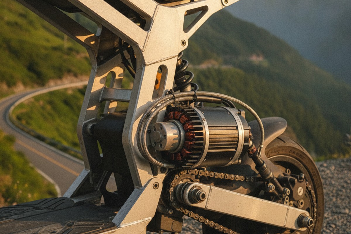 Electric scooter on a winding Indian mountain road with regenerative braking indicator active, misty hills in background