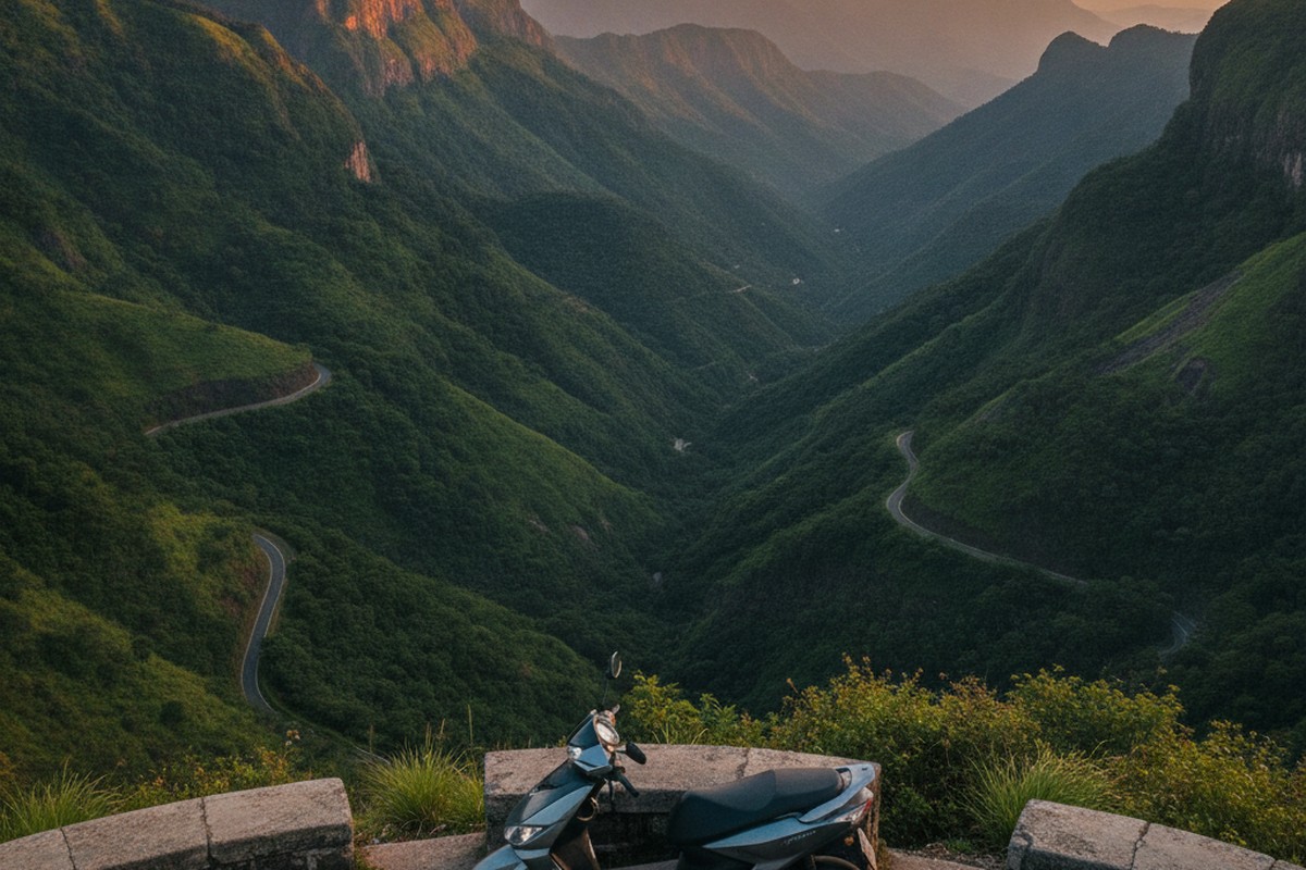 Electric scooter parked at a scenic mountain road overlook in India with valley views