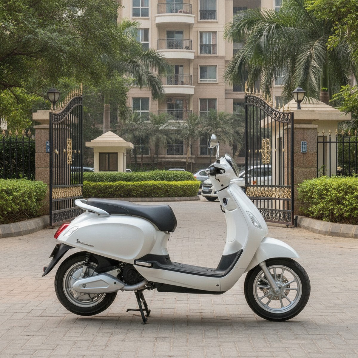 Modern electric scooter parked securely inside gated Indian residential society parking area
