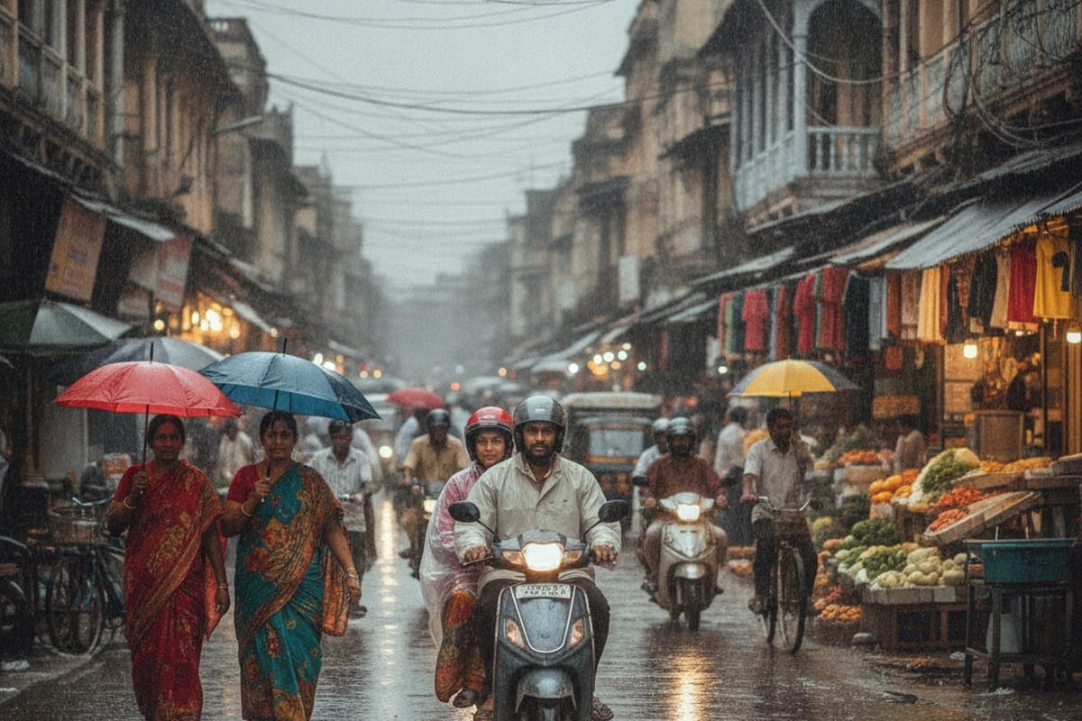 Couple riding an electric scooter together through an Indian city street in light monsoon rain