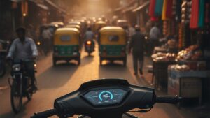Electric scooter on Indian city road showing battery range indicator at golden hour