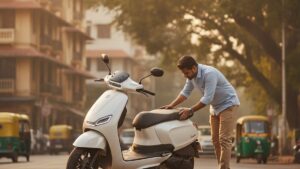 A buyer inspecting an electric scooter on an Indian city street, evaluating resale value and build quality