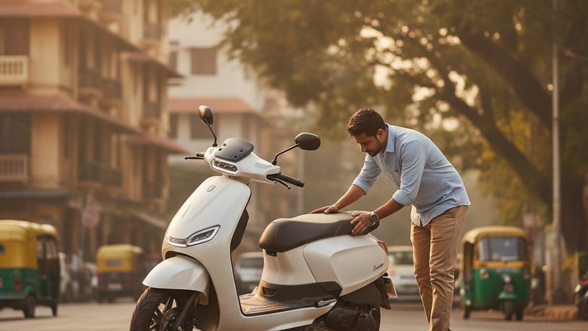 A buyer inspecting an electric scooter on an Indian city street, evaluating resale value and build quality
