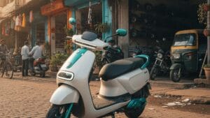 Electric scooter parked on a busy Indian street highlighting resale value considerations for EV buyers in India