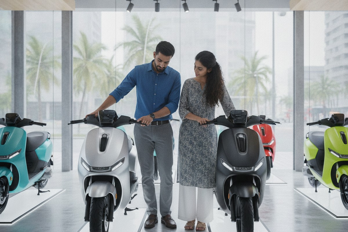 Indian buyers comparing electric scooters at an EV dealership showroom