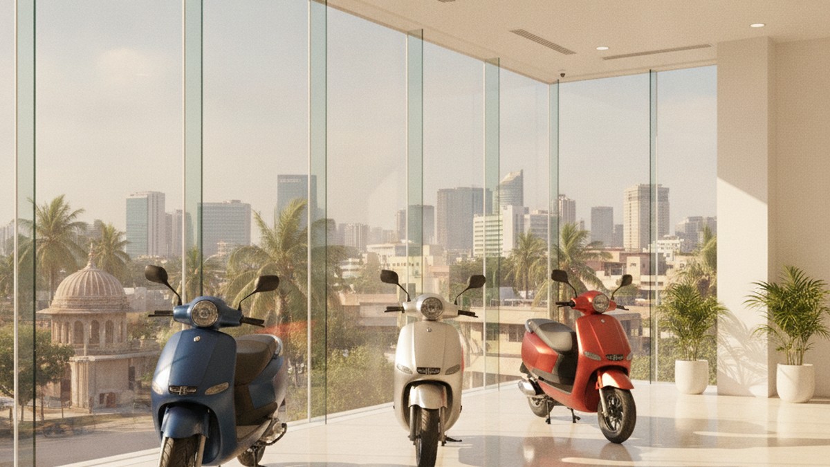 Multiple electric scooters displayed at a modern Indian showroom