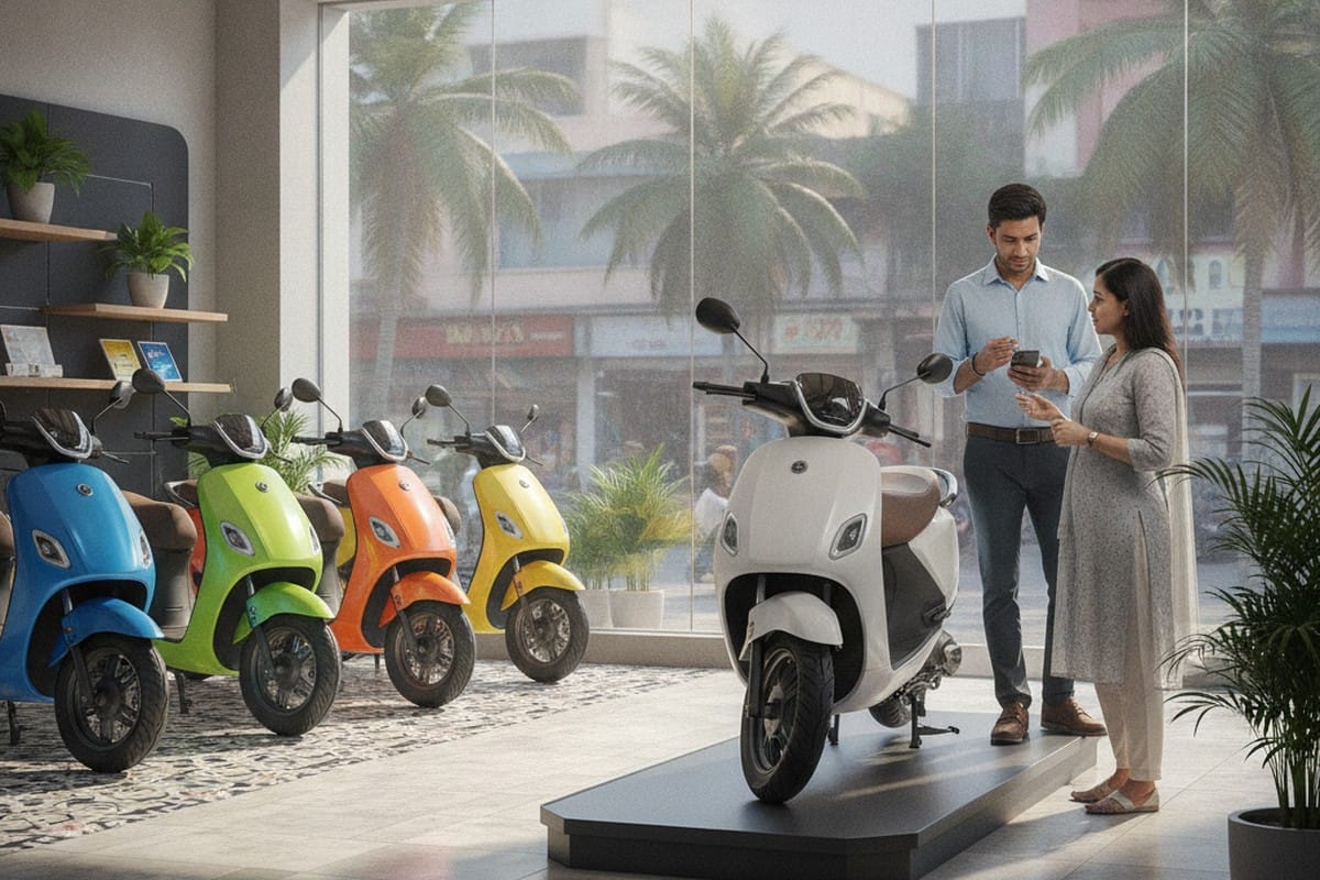 Indian couple evaluating electric scooters at a modern EV showroom