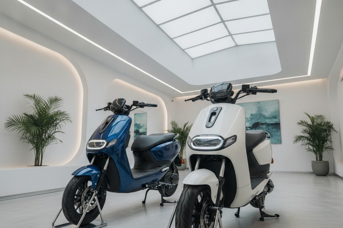 Electric scooters on display at Indian EV showroom