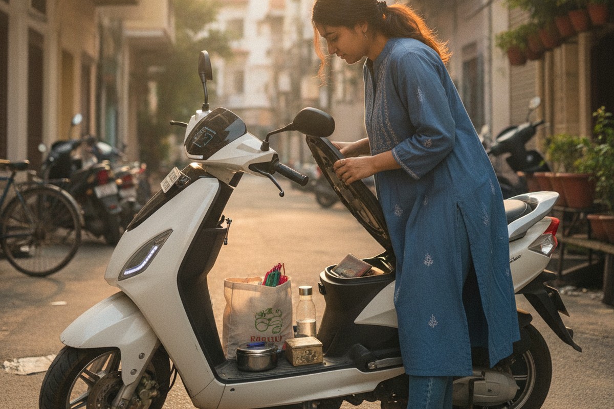 Indian woman checking underseat storage compartment of an electric scooter