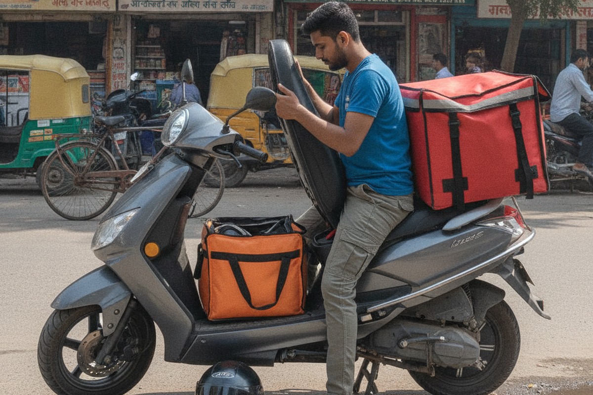Delivery rider checking underseat boot space of electric scooter in Indian city