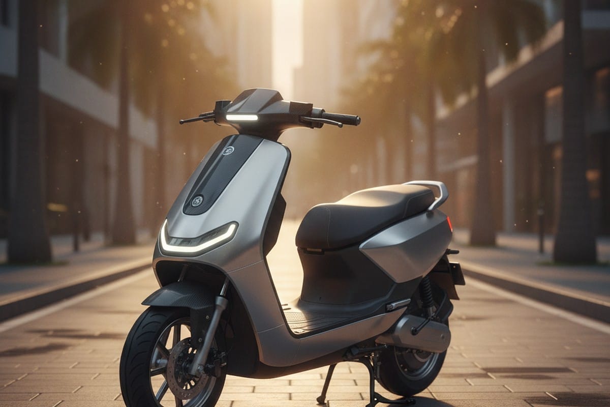Modern electric scooter parked on an urban Indian street at golden hour
