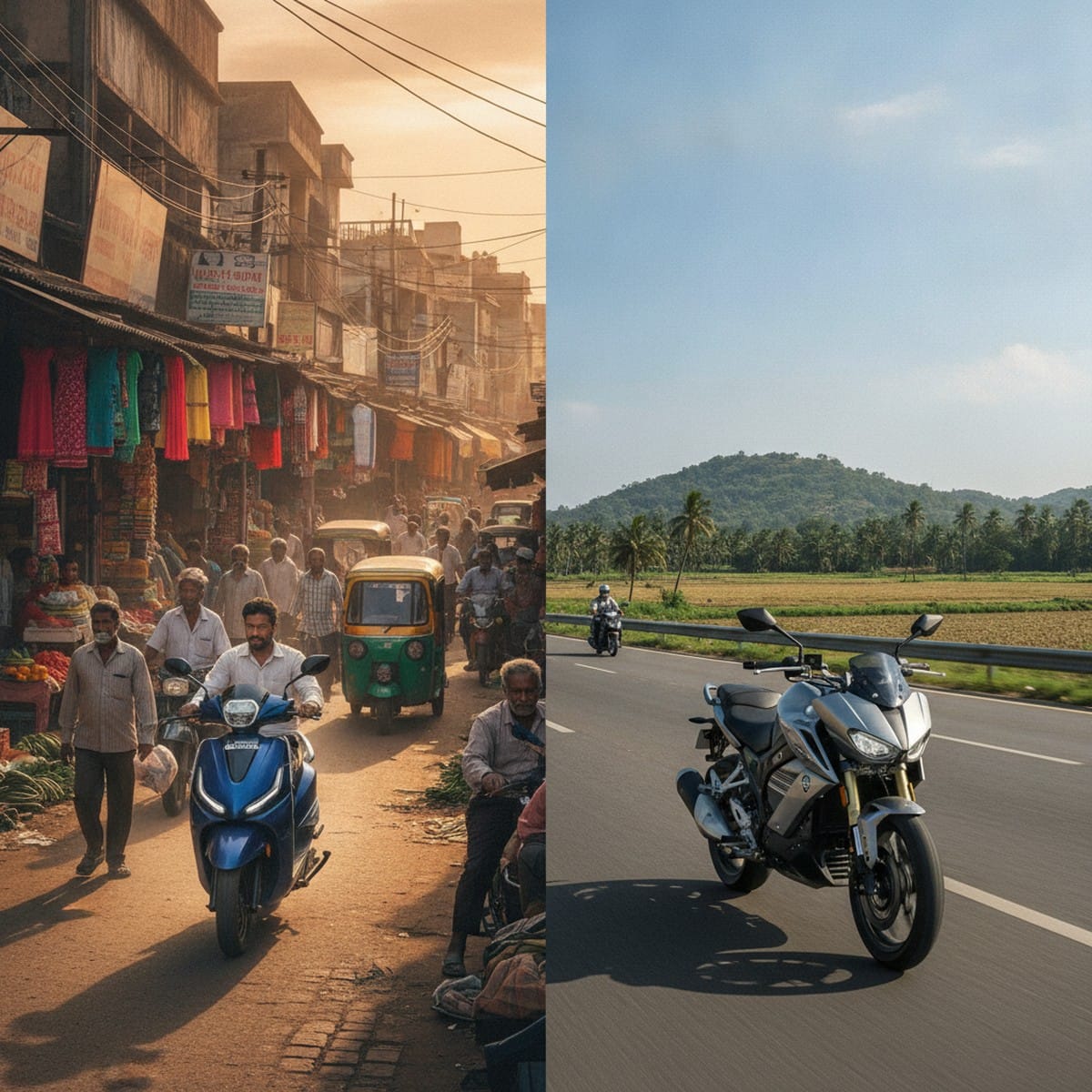 Electric scooter on busy Indian urban street versus electric motorcycle on open Indian highway