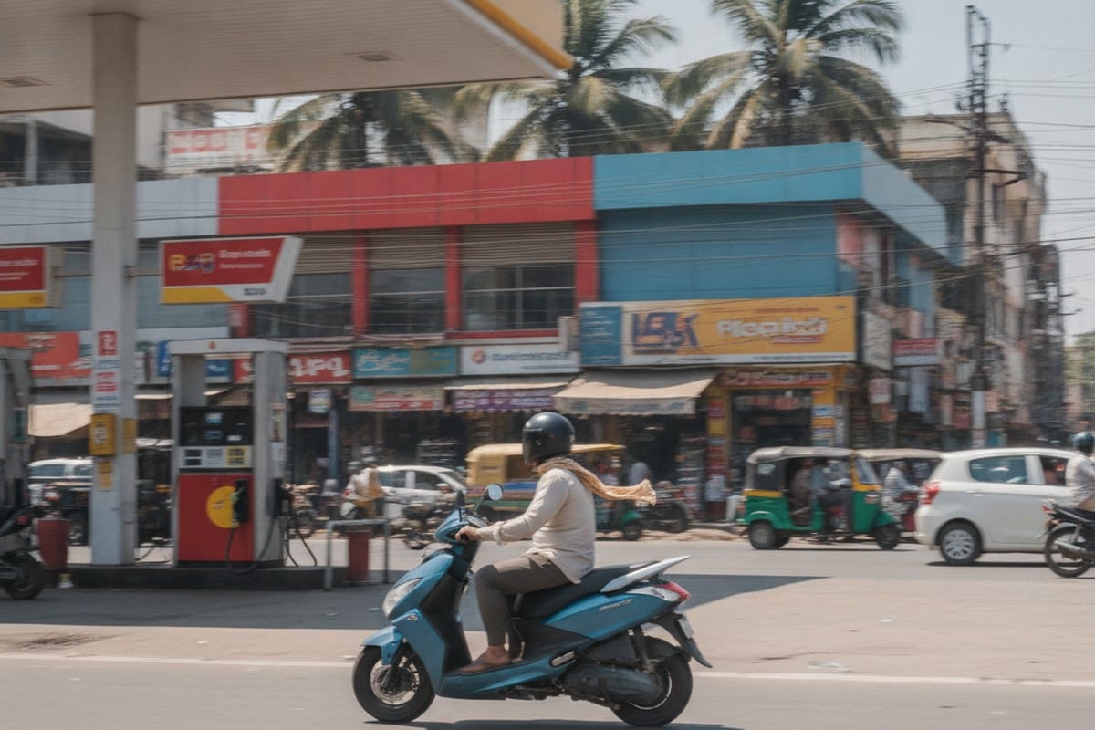 Indian rider on an electric scooter passing by a petrol station, symbolising fuel cost savings