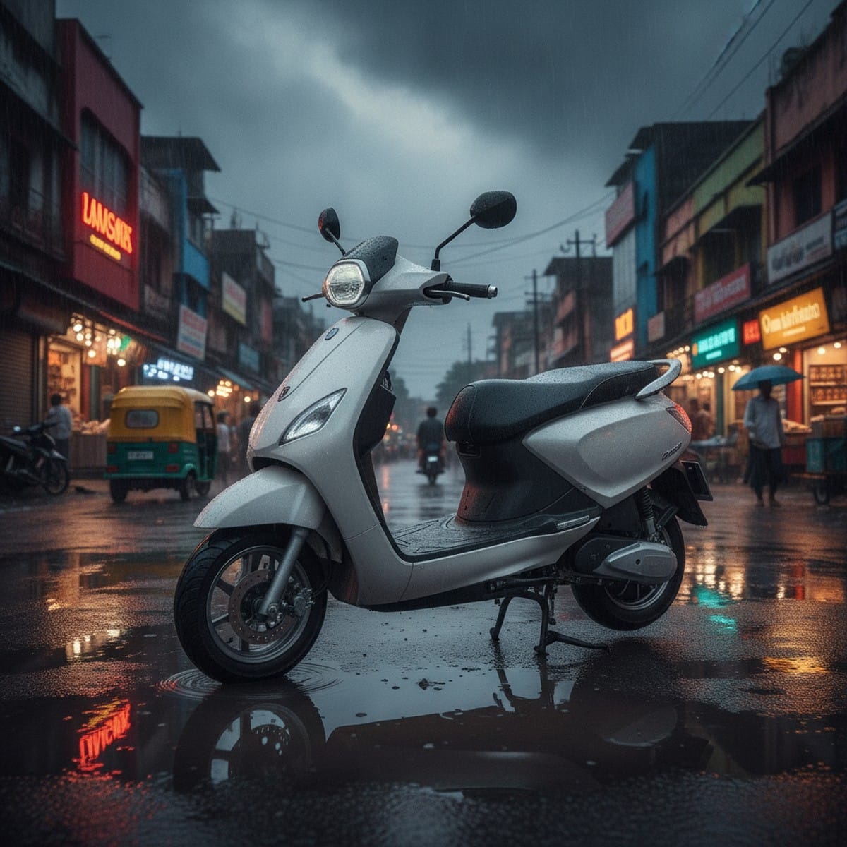 Pearl white electric scooter on wet Indian street after monsoon rain showing ground clearance