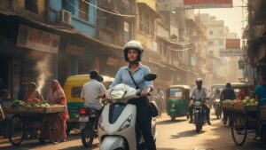 Indian woman riding an electric scooter through city traffic in India 2026