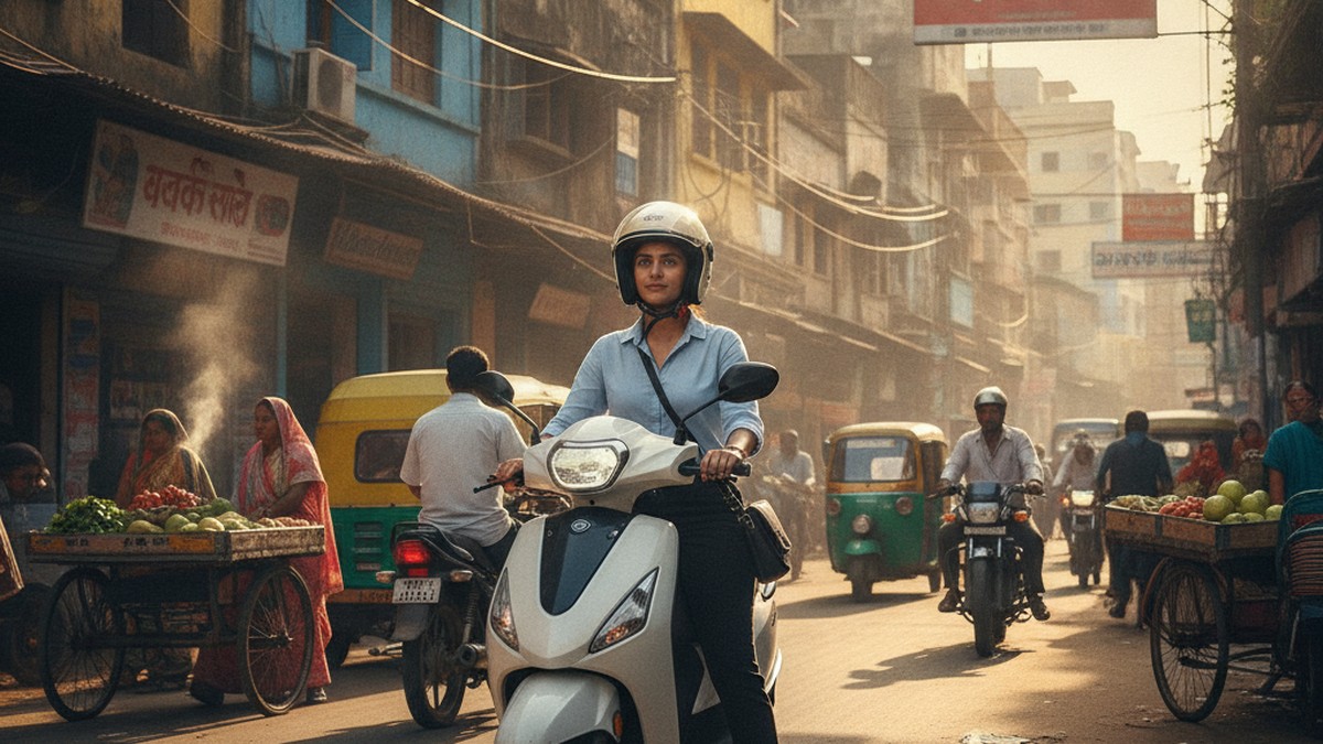 Indian woman riding an electric scooter through a busy city street, confident and practical