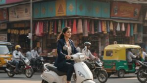 Indian woman riding a modern electric scooter through busy city traffic