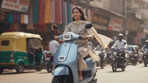 Indian woman confidently riding a lightweight electric scooter on a busy city road