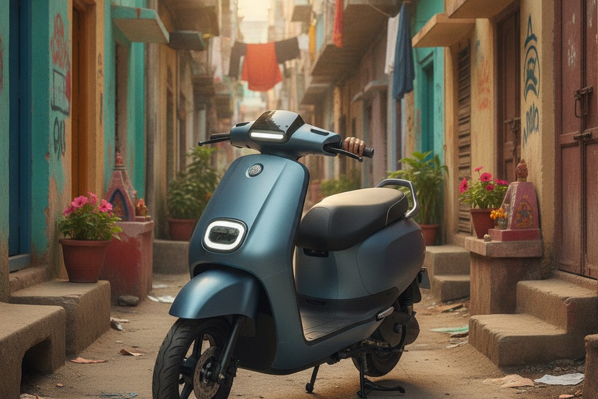 Lightweight electric scooter parked in a residential Indian lane — easy to manoeuvre in tight spaces