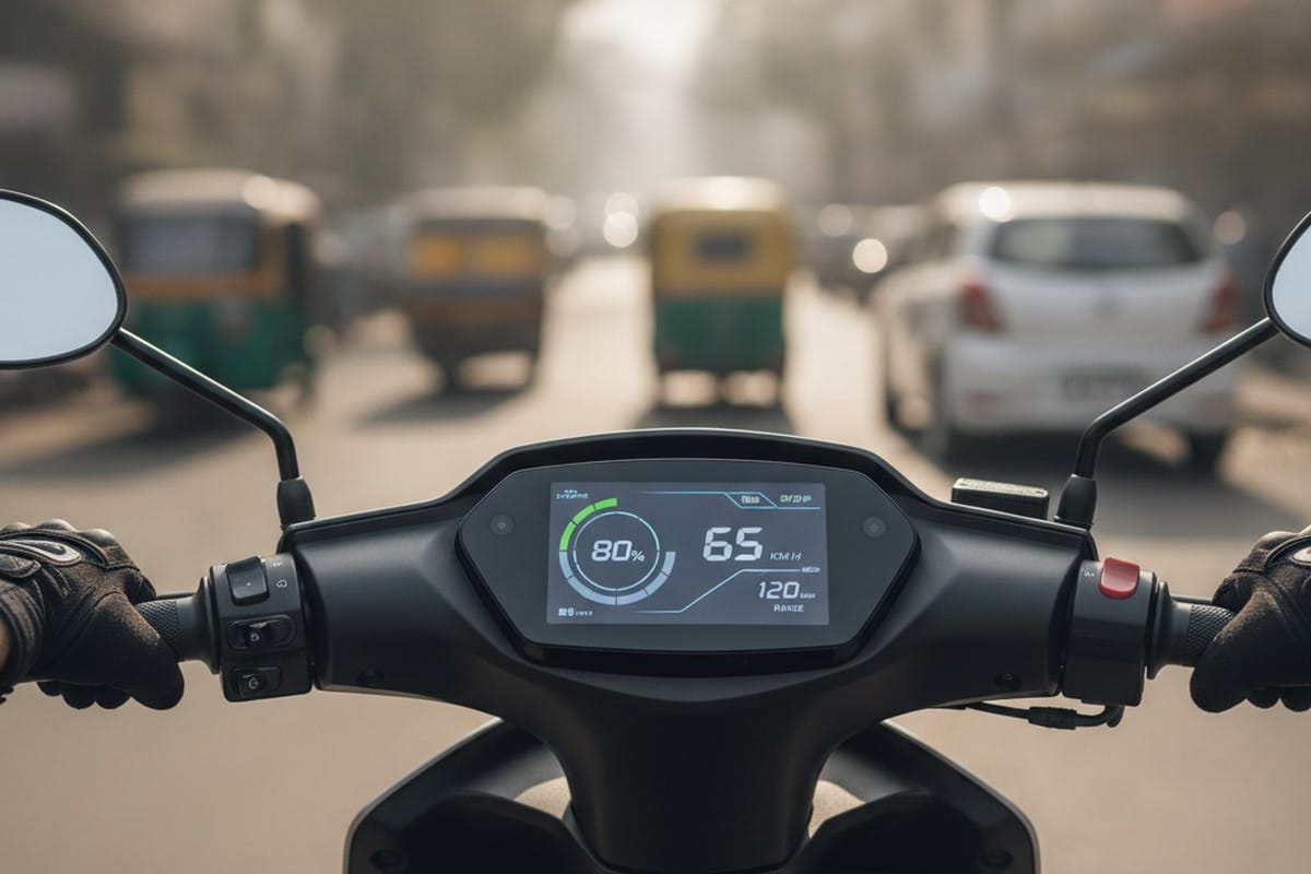 Elektree RV 80 electric scooter charging at a home socket overnight, charging indicator visible, Indian residential setting