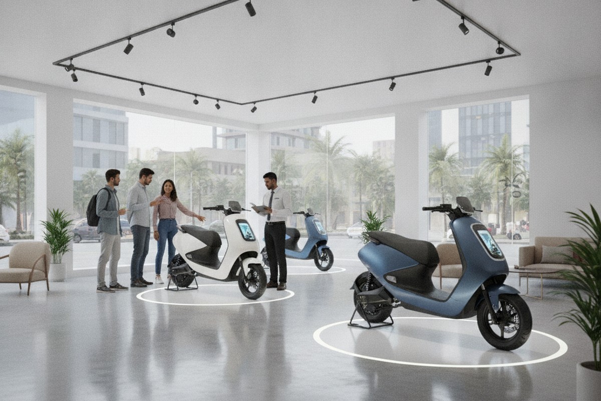 Electric scooter dealership showroom in India with modern EV models on display