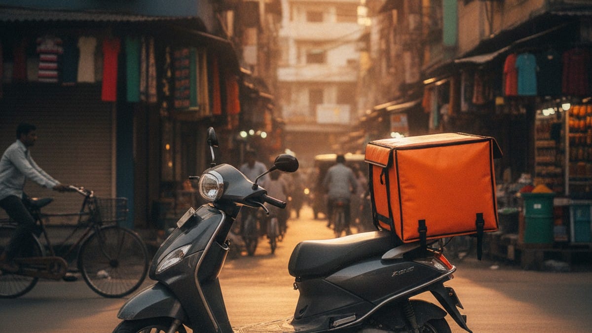 Elektree electric scooter ready for delivery work on Indian city streets at golden hour