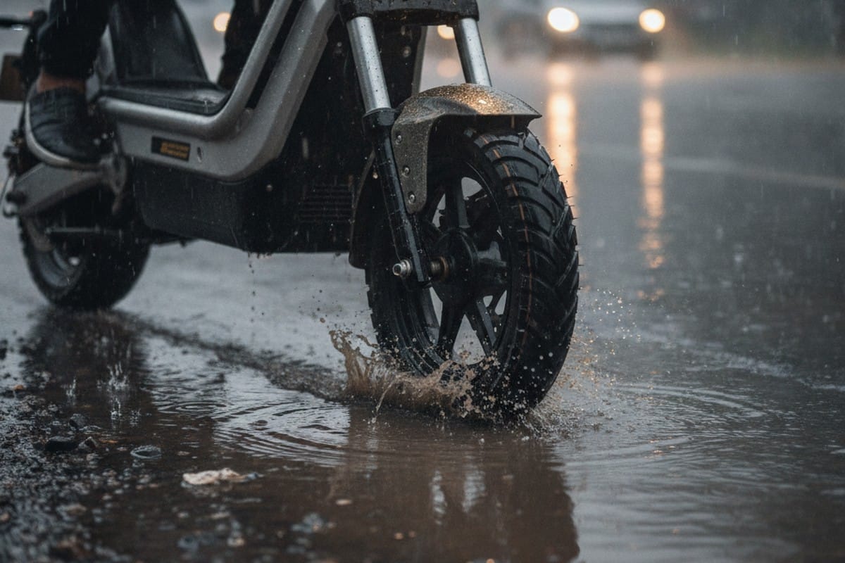 Electric scooter with high ground clearance navigating wet Indian roads during monsoon