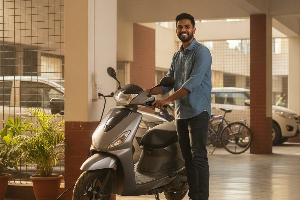 Young Indian professional charging an electric scooter at home with ease